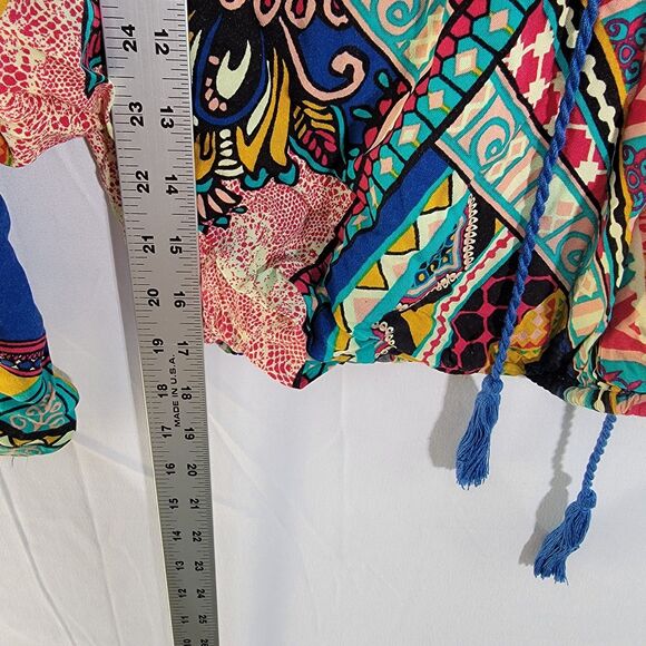 IAM Woman Multicolor Patterned Blouse Bell Sleeves V-Neck Braided Rope Top M - Picture 6 of 7